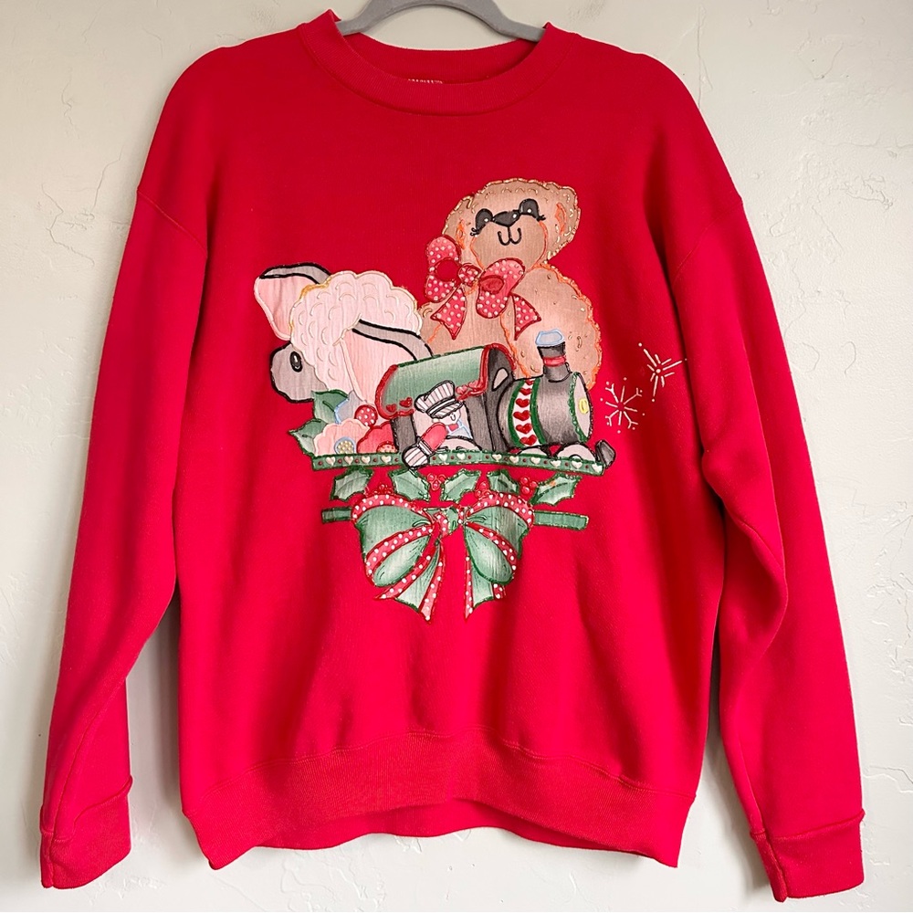 Vintage Handmade Puff Painted Red Christmas Sweatshirt Teddy Bear Cottagecore L